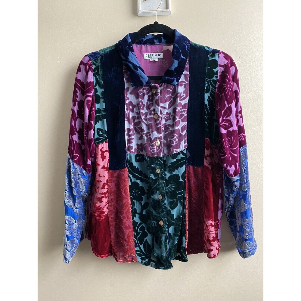 CITRON Santa Monica Women’s Long Sleeve Button Colorful Floral Patchwork Blouse